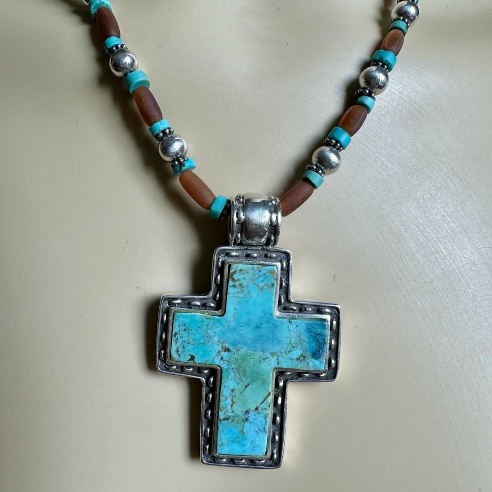 VTG Beaded Pendant‎ Necklace 16.5 Inch Cross Turquoise Amber 925 Sterling 30.8g